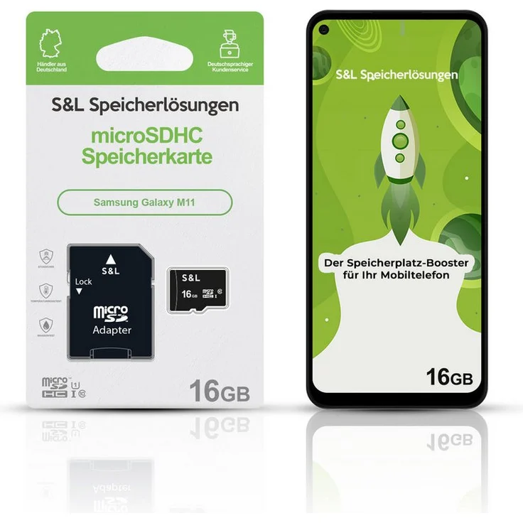 Tec-Expert microSD Karte S&L für Samsung Galaxy M11, 16 GB, Class 10, microSDHC, stoßfest und wasserdicht