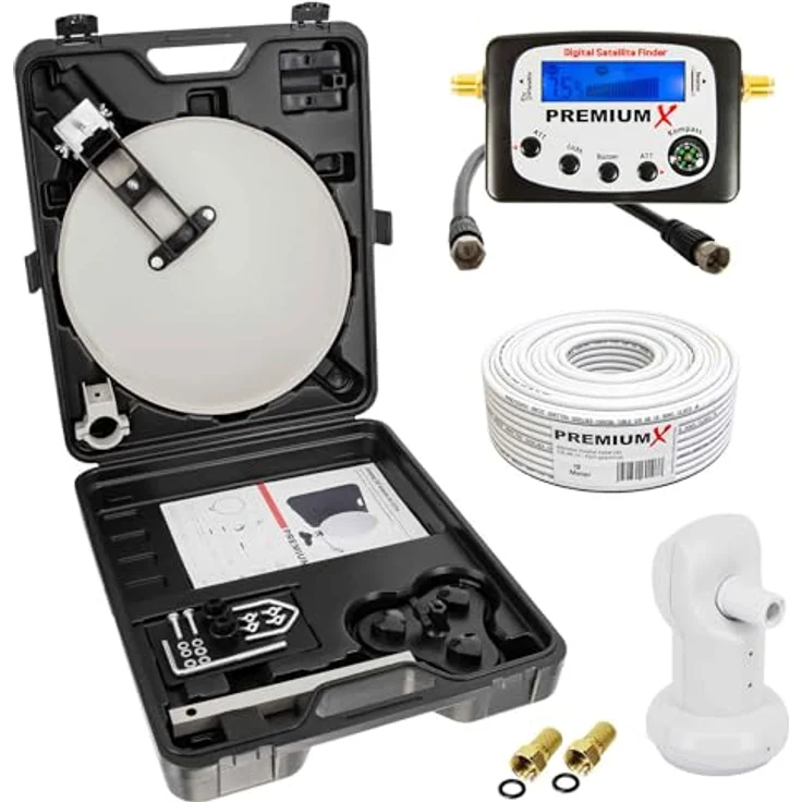 PremiumX Camping SAT Anlage, Sat-Finder mit Single LNB, 10m Kabel und robustem Transportkoffer – Bild 1