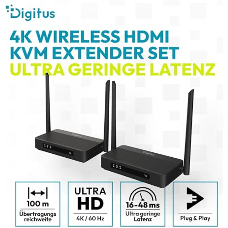 DIGITUS DS-55360 Wireless HDMI KVM Extender, UHD 4K 60 Hz, Reichweite bis zu 100 m, Set aus Transmitter und Receiver, Loop-Out, IR Infrarot, HDMI 2.0, HDCP 2.2, IEEE 802.11.b/g/n/ac WiFi – Bild 2