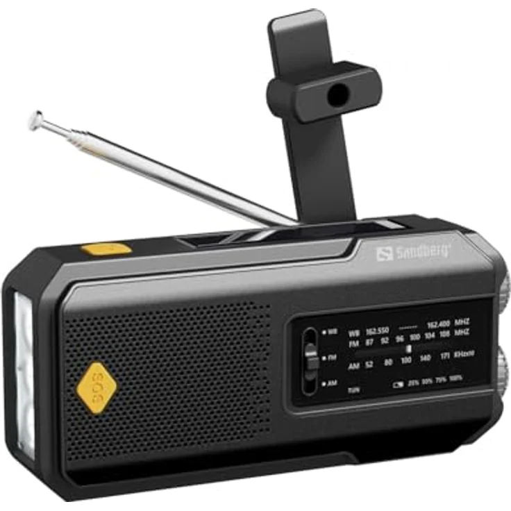 Sandberg Survivor Radio All-in-1 2000, Kompaktes AM/FM Radio mit PowerBank, Taschenlampe und Solarpanel, Schwarz – Bild 2