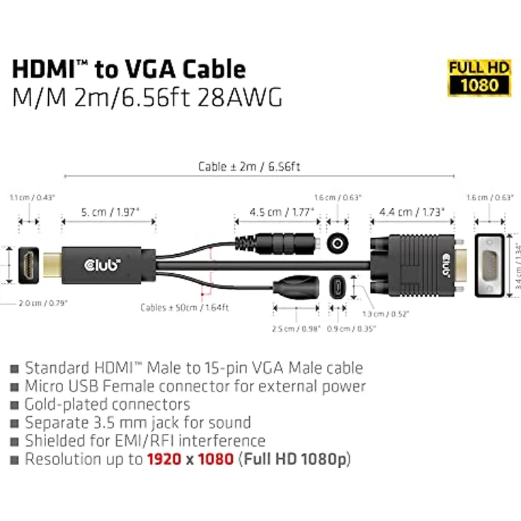 Club3D CAC-1712 HDMI™ auf VGA Kabel St./St. 2m 28AWG, Goldbeschichtete Konnektoren, Full HD 1080p, schwarz – Bild 4