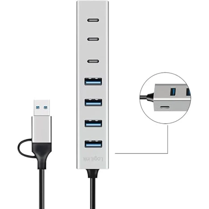 Logilink 076271 USB 3.2 Hub, 4 Ports USB-A und 3 Ports USB-C, Aluminium, Silber – Bild 4