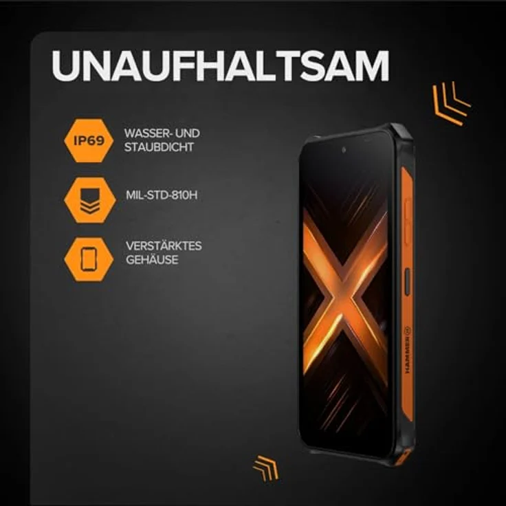 Hammer Energy X2 4G, Rugged Outdoor Smartphone mit 6+6GB RAM, 128GB, 50-MP Kamera, IP69, 6.1" Display – Schwarz-Orange – Bild 2