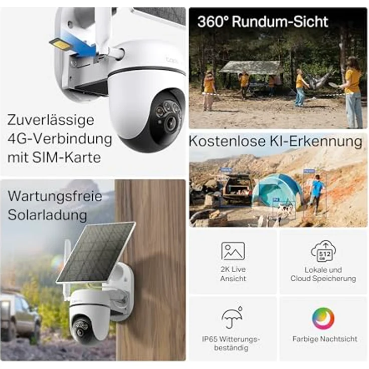 Tapo C615G KIT 4G LTE Überwachungskamera, 360° 2K-3MP Farbnachtsicht, kostenlose KI-Erkennung, 2-Wege-Audio, IP65, lokaler und Cloud Speicher – Bild 3
