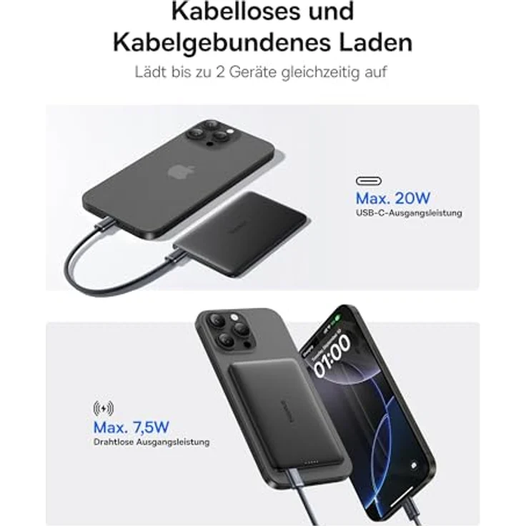 Baseus Magsafe Power Bank Ultra Slim, Magnetische 5000mAh Powerbank für iPhone 16/15/14, Mini Wireless mit USB-C PD 20W und LED-Display, Schwarz – Bild 3