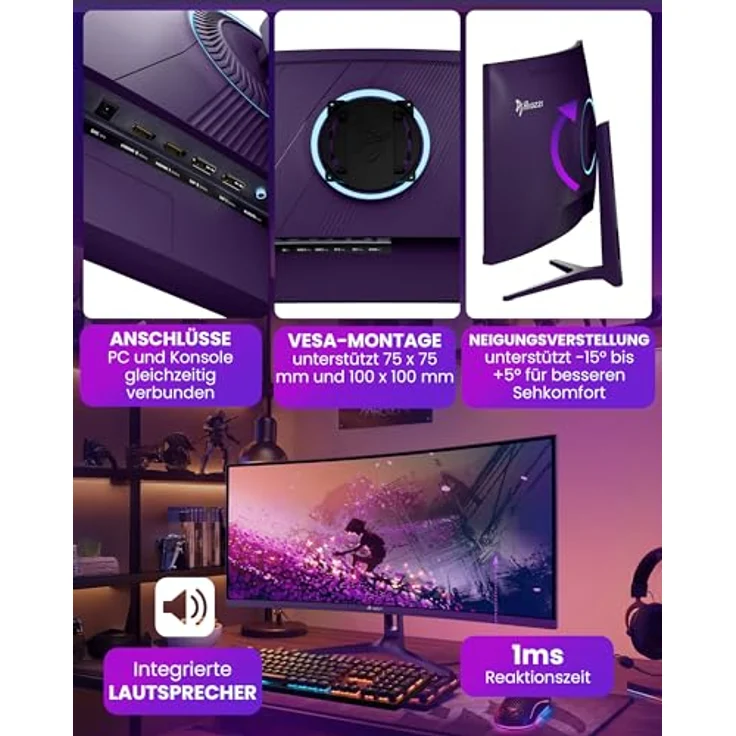Arozzi Nova 34" Curved Gaming Monitor, VA 165Hz Ultrawide QHD 1440p, HDR10, flimmerfrei, 90% sRGB, lila – Bild 3