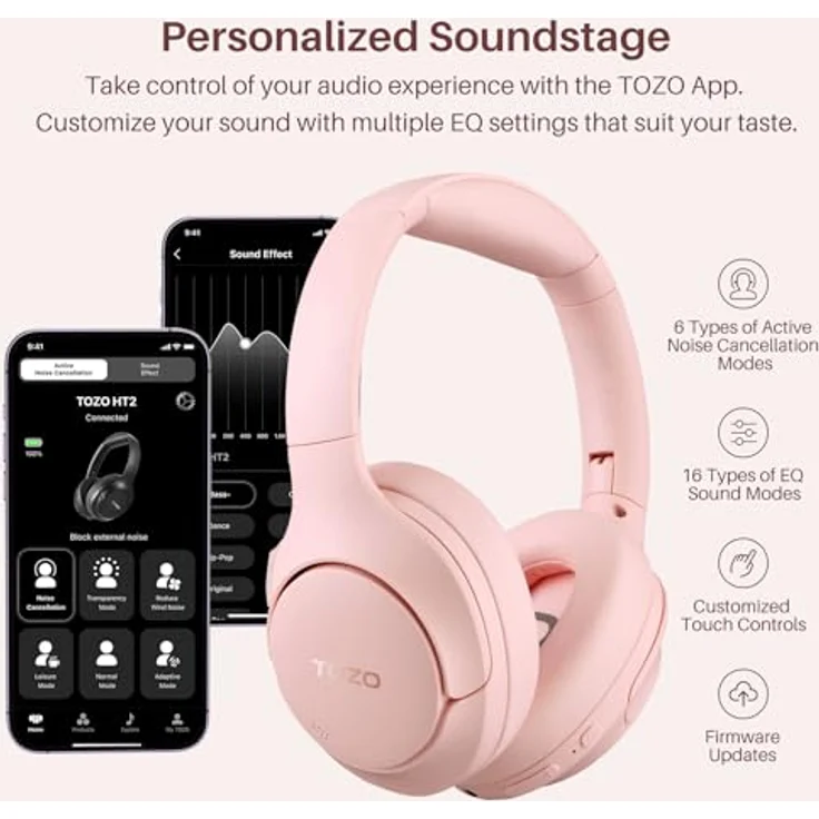 TOZO HT2 Kabelloser Bluetooth Kopfhörer Over-Ear mit Hybrid Active Noise Cancelling, 56 Stdn. Spielzeit, Hi-Res Audio, Kristallklare Anrufe, Tiefer Bass, APP Steuerung - Rosa – Bild 4