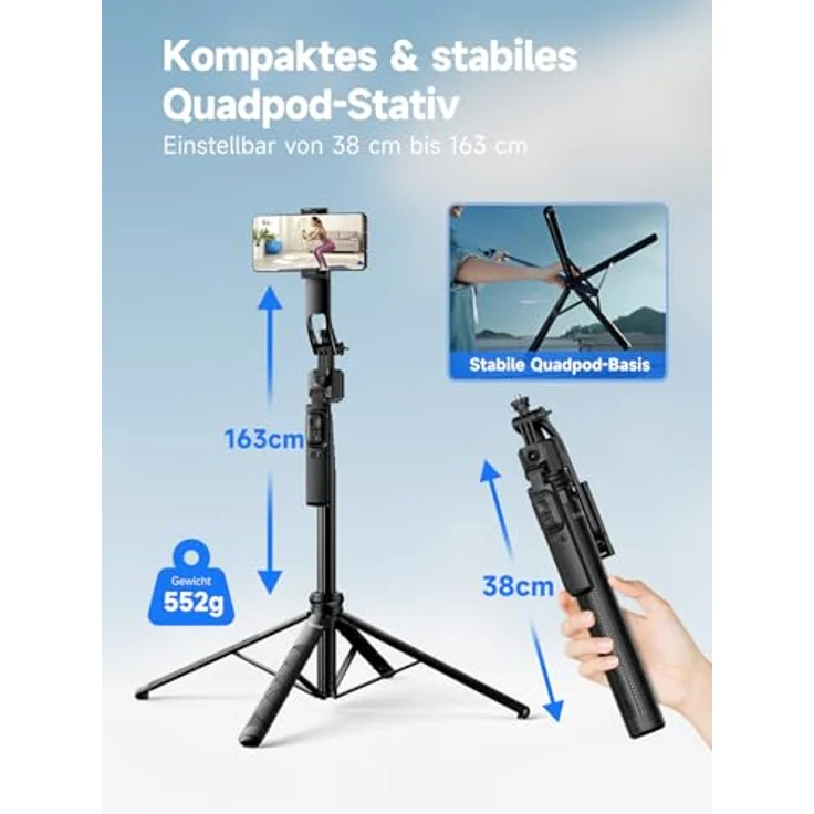 Rollei Easy Creator Quadpod mit AI Tracking, Höhenverstellbar bis 1,63 m, stabile Quadpod-Basis für verwacklungsfreie Videos – Bild 7