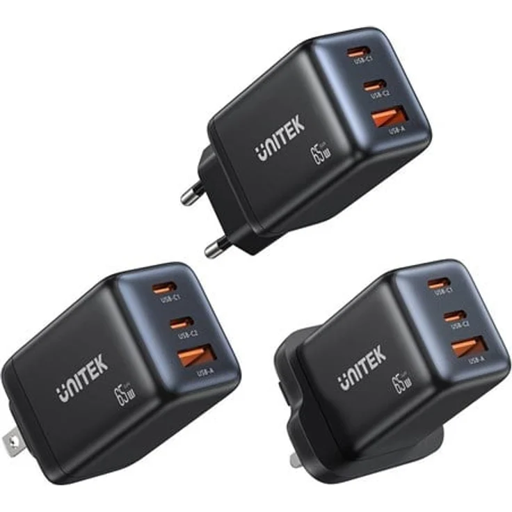 Unitek Zeno Power Adapter, 65W Netzteil mit 2 x USB-C Anschlüssen und Fast Charge, Schwarz