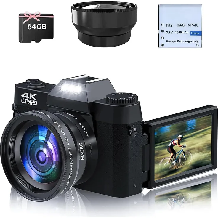 Fine Life Pro 48MP Digitalkamera, 4K Ultra HD, HDR-Aufnahme, Autofokus, weiter Winkel, 3" LCD, 16X Digitalzoom für Senioren Anfänger in Schwarz