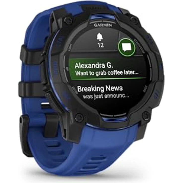Garmin Instinct 3, 45 mm Outdoor-GPS-Smartwatch mit AMOLED-Display, integrierter Taschenlampe, limitierte Supernova-Kollektion, schwarz mit Bolzenblau/schwarzem Silikonband – Bild 3