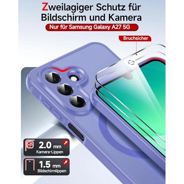 LeYi Magnetische Handyhülle für Samsung Galaxy A27 5G, Militärschutz mit mattes Durchscheinendes Case Cover, Himmelblau, 2 Stück Schutzfolie – Bild 4