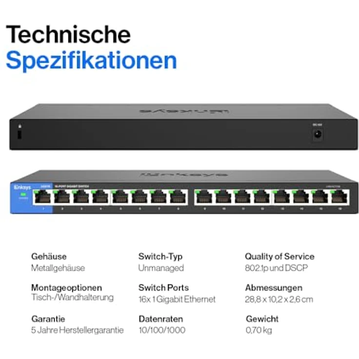 Linksys LGS116-EU 16-Port Unmanaged Gigabit Netzwerk Switch (Lüfterlos, Auto Sensing, Energiesparfunktion) schwarz – Bild 7