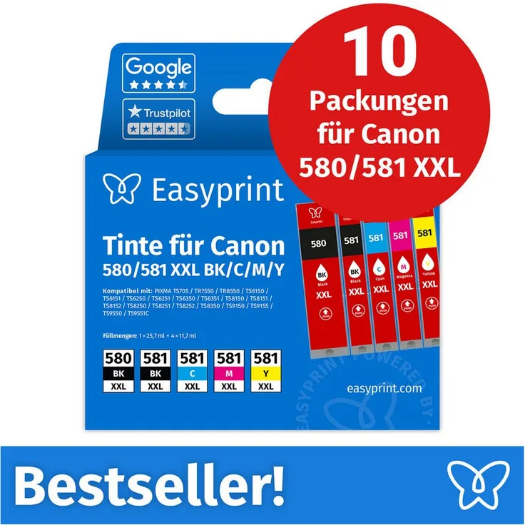 Easyprint PGI-580/581 XL Tintenpatronen, 10-tlg. Set mit hoher Füllmenge, Schwarz, Cyan, Magenta, Gelb für Canon-Drucker
