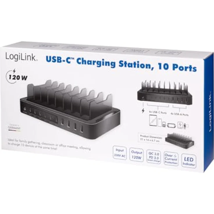 LogiLink USB-C Ladestation (120 W), USB Ladegerät mit 10 Anschlüssen, Schwarz – Bild 8