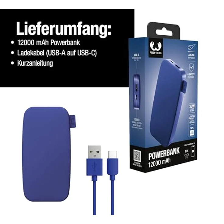 FRESH N REBEL 2PB12100TB Ultra Fast Charge Powerbank 12000 mAh, 20W PD, True Blue, 6 Sicherheitsfunktionen, USB-A & USB-C Anschluss – Bild 8