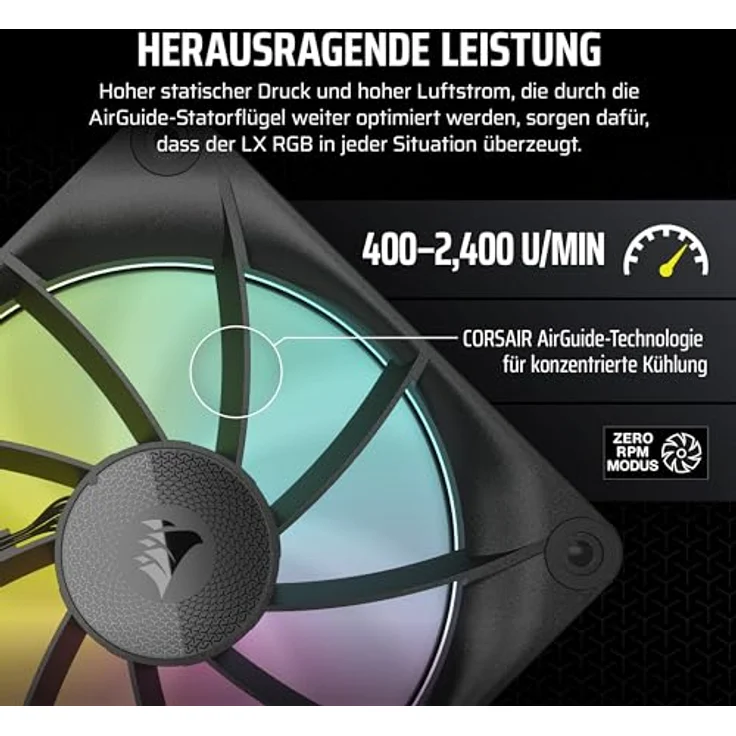 Corsair iCUE LINK LX120 RGB 120mm PWM-Lüfter Dreierpack – Dual Light Loops – Inklusive iCUE LINK System Hub – AirGuide Technologie – Schwarz – Bild 5