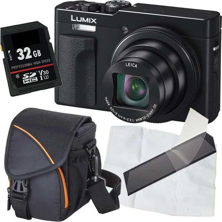 Panasonic DC-TZ99, Kompaktkamera Set in schwarz mit Tasche, 32 GB Speicherkarte, Mikrofasertuch und Display-Schutzfolie