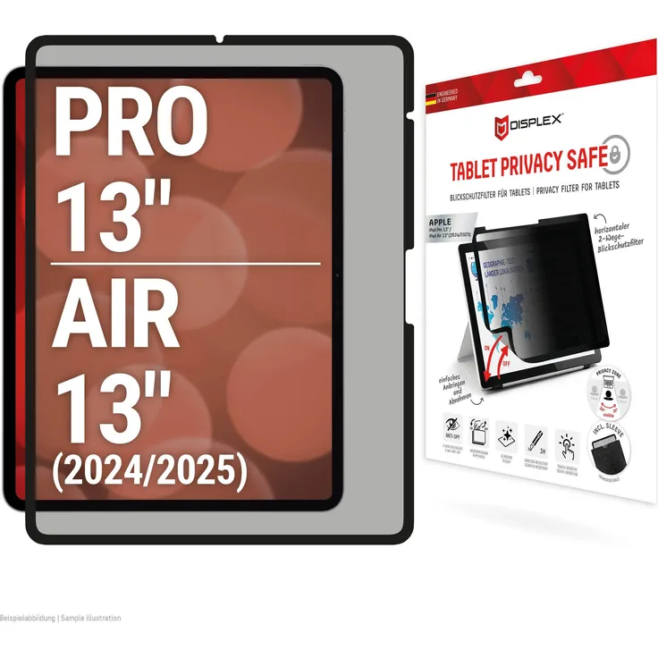 Displex Tablet Privacy Safe, Blickschutzfolie für iPad Air 13 (2025) und iPad Pro 13 (2024, M4) mit 2-Wege Sichtschutz, kratzfest und einfach anzubringen