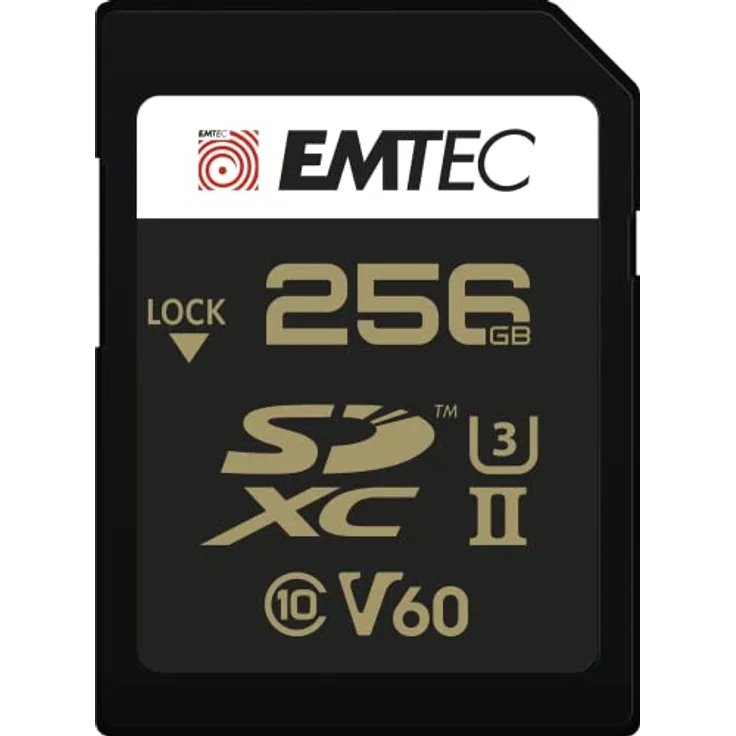EMTEC - SDXC UHS-II U3 V60 SpeedIN Pro+ ECMSD256GUHS2V60 – Speicherkarte – Serien-Fotos, Full HD, 3D, 4K, 8K UHD – Speicherkapazität 256 GB, 256 GB – 2 Reihen PIN auf der Rückseite – Schwarz/Gold