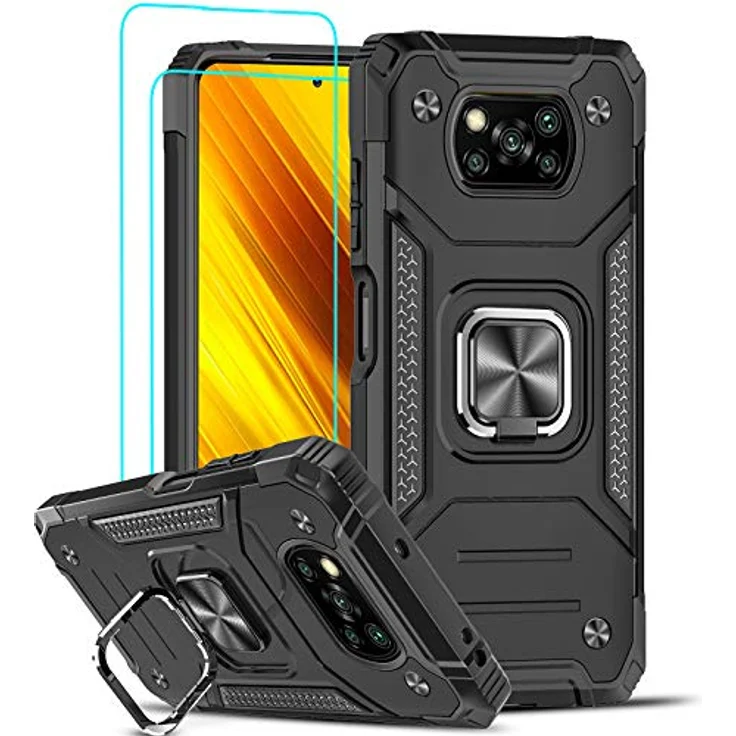LeYi Hülle für Xiaomi Poco X3 Pro/NFC, 360 Grad Ring Halter, Militär Standard Schutz, Silikon Bumper Cover Case, Schwarz, mit Panzerglas Schutzfolie (2 Stück) – Bild 1