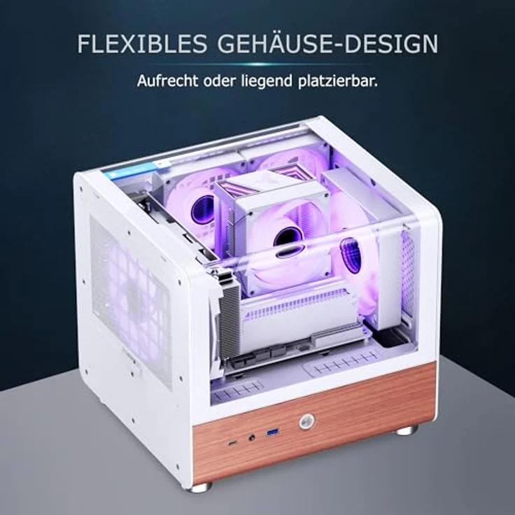 Jonsbo TK-0 Mini ITX Case weiß - ITX Gehäuse mit Tempered Glass, Mini PC Gehäuse Holz, SFF Case für Grafikkarten bis 230mm, USB C am Frontpanel, 90 Grad Drehbarkeit – Bild 2