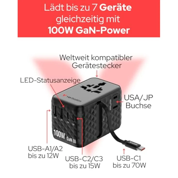 Verbatim Charge ’n’ Travel 100W Reiseadapter mit einziehbarem USB-C-Kabel, 7-in-1-Anschlüssen, kompakt und sicher, schwarz – Bild 4