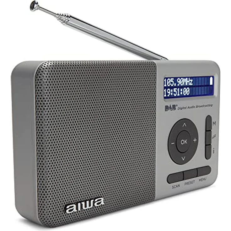 AIWA RD-40DAB/SL: tragbares digitales Radio (Dab/Dab+/FM, eingebauter Lautsprecher, 100 Senderspeicher, Dot Matrix-Display, Kopfhörerbuchse, Dual-Alarm, wiederaufladbarer Akku). Farbe: Silber. – Bild 3