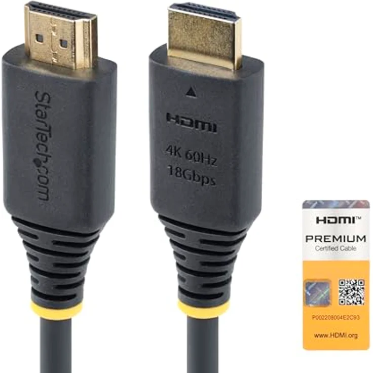 StarTech.com 50cm Premium Zertifiziertes HDMI 2.0 Kabel, 4K 60Hz/1440p 144Hz, Schwarz, 18Gbps, Hochwertige Konstruktion mit vergoldeten Steckern – Bild 1