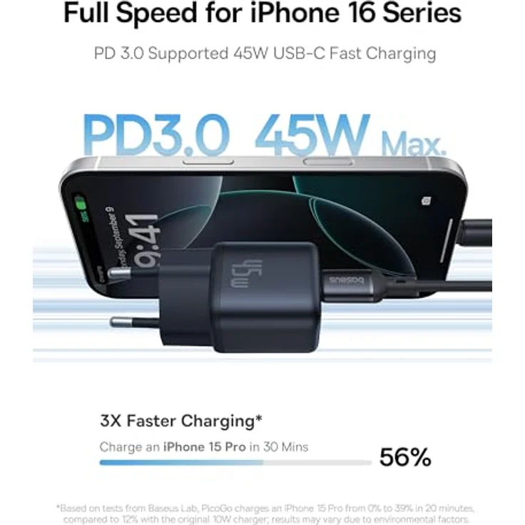 Baseus PicoGo 45W USB C Ladegerät, PD 3.0 PPS Schnellladegerät für iPhone 16/16 Pro Max/15-12, Galaxy S24 Ultra, iPad Pro/Air, kompakt und kühlend – Bild 2