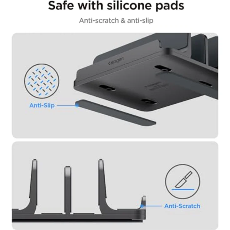 Spigen Vertikaler Laptop Ständer [4 in 1], Premium-Aluminium Organizer mit verstellbaren Slots, Silikonschutz, kompatibel mit MacBook Pro Air Mini Neo, iPad, iPhone 17 16 15, Galaxy, Pixel, Space Grau – Bild 3