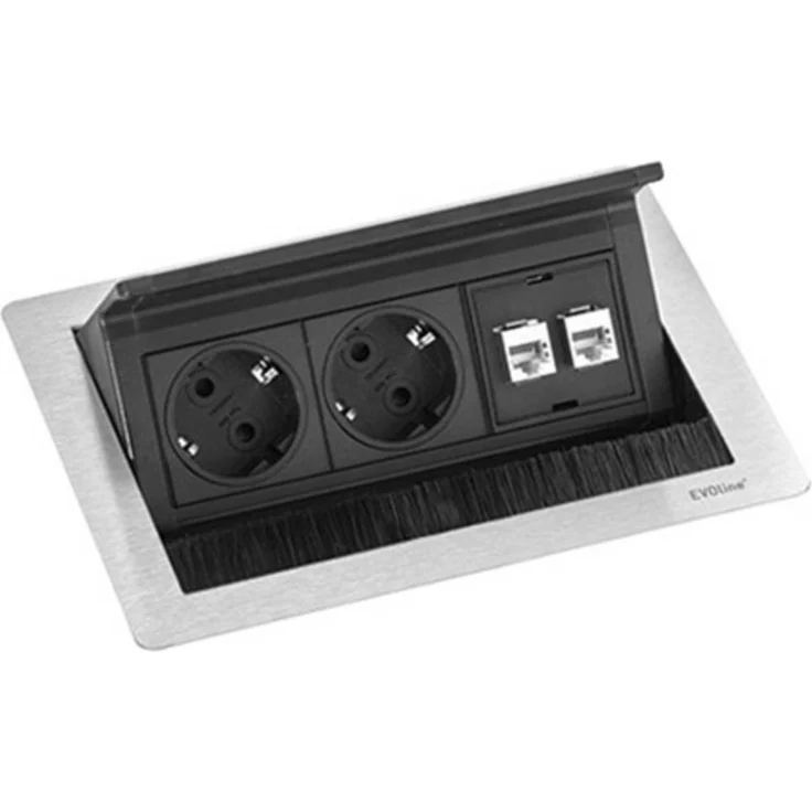 EVOline FlipTop Push 2x Steckdose Data S, Einbau-Steckdosenleiste in Edelstahl schwarz für Strom- und Datenversorgung