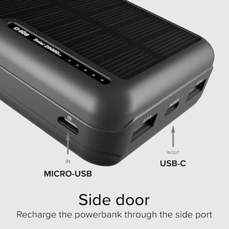 SBS Powerbank mit Solarpanel, 20000 mAh, 10W USB-Ports, Schwarz – Bild 5