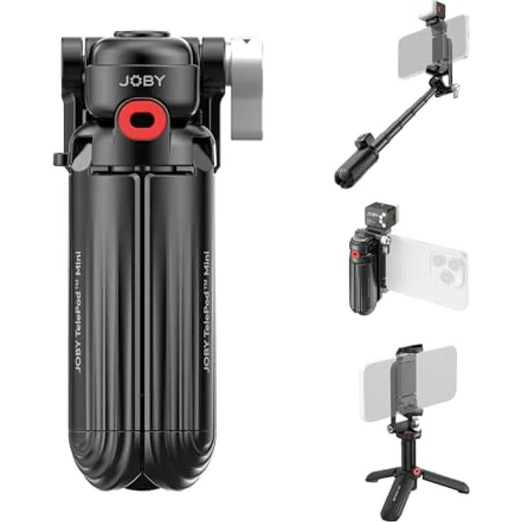 Joby TelePod TP02 Mini Selfie Stick Stativ mit Teleskopstange bis 37,5 cm, 5600K-Fülllicht und Funkfernbedienung