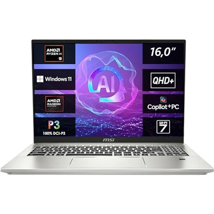 MSI Prestige A16 AI+ Business Laptop, 16,0" QHD+, AMD Ryzen™ AI 9 365 Prozessor, 32 GB LPDDR5X-7500 RAM, 1 TB, AMD Radeon™ 880M, Windows 11 Home, QWERTZ Tastatur, Urban Silver A3HMG-036