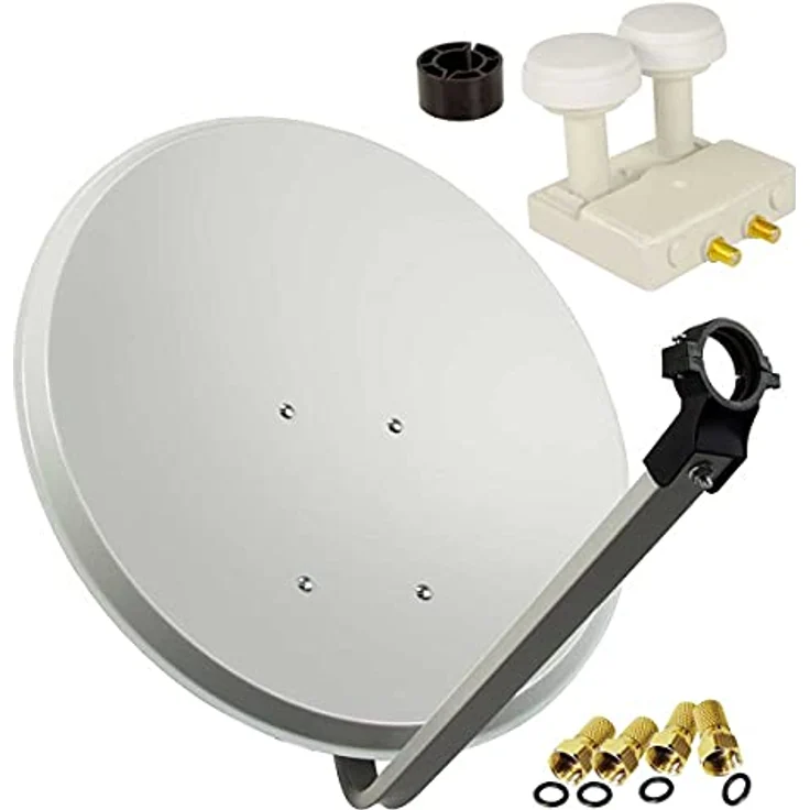 Premium X PXS80 Satelliten-Komplettanlage, 80 cm Satellitenschüssel hellgrau mit Twin Monoblock LNB für Astra 19,2° und Hotbird 13°, inklusive 4x F-Stecker – Bild 1