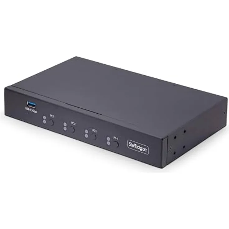 StarTech.com 4-Port KM Switch mit Maus-Roaming, USB 3.0 Umschalter, Tastatur und Maus Switch, 3,5mm/USB Audio, TAA Konform, Schwarz