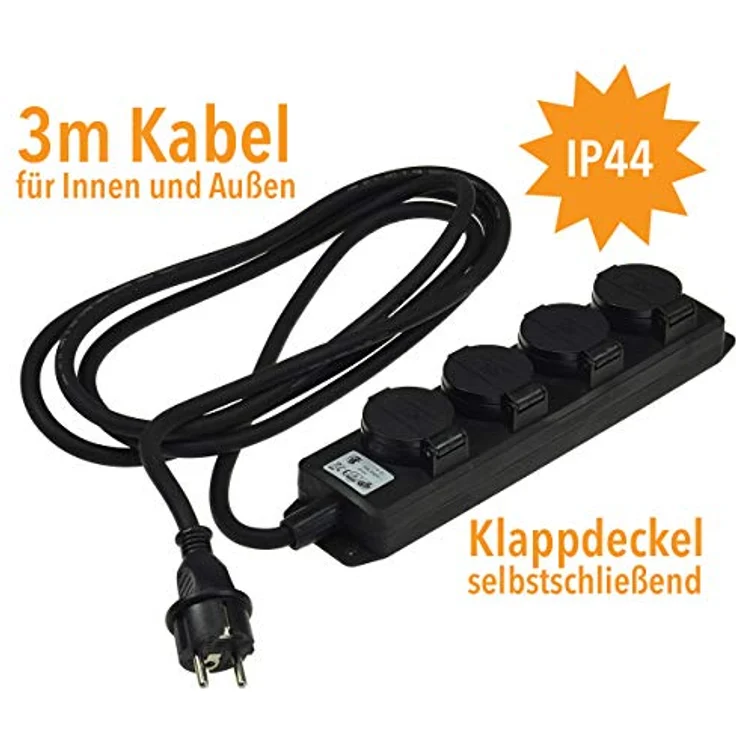 ChiliTec 4-Fach Steckdosenleiste Aussensteckdose mit 4 Schutzkontaktsteckdosen Klappdeckel 3m Kabel IP44 Schwarz – Bild 5