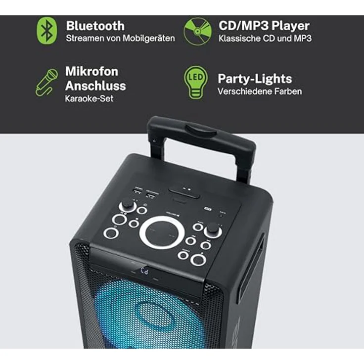 MUSE M-1920 DJ PA-Anlage mit Akku, 300 Watt, mit CD, Bluetooth und Licht-Effekten (USB, AUX, Mikrofon, Fernbedienung), schwarz – Bild 3