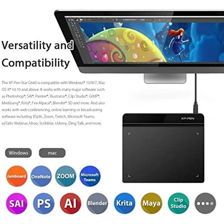 XP-Pen Star G640 Grafiktablett 6x4 Zoll Zeichentablett OSU! Pad mit batterielosem Stift 20 Ersatzminen, USB, 8192 Levels Druckempfindlichkeit, 60 ° Neigungswinkel, Schwarz – Bild 4