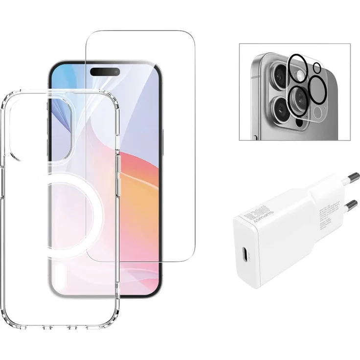 4Smarts 3in1 Premium Starter Set für Apple iPhone 16 Pro Max, Transparent, inkl. 30W Netzteil, 9H-Schutzglas, MagSafe-kompatible Hülle