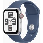 Apple Watch SE (2. Generation), Smartwatch mit Cellular-Funktion, 44mm, Silber, Sportband Denim, wasserdicht bis 50m, CO₂-neutral