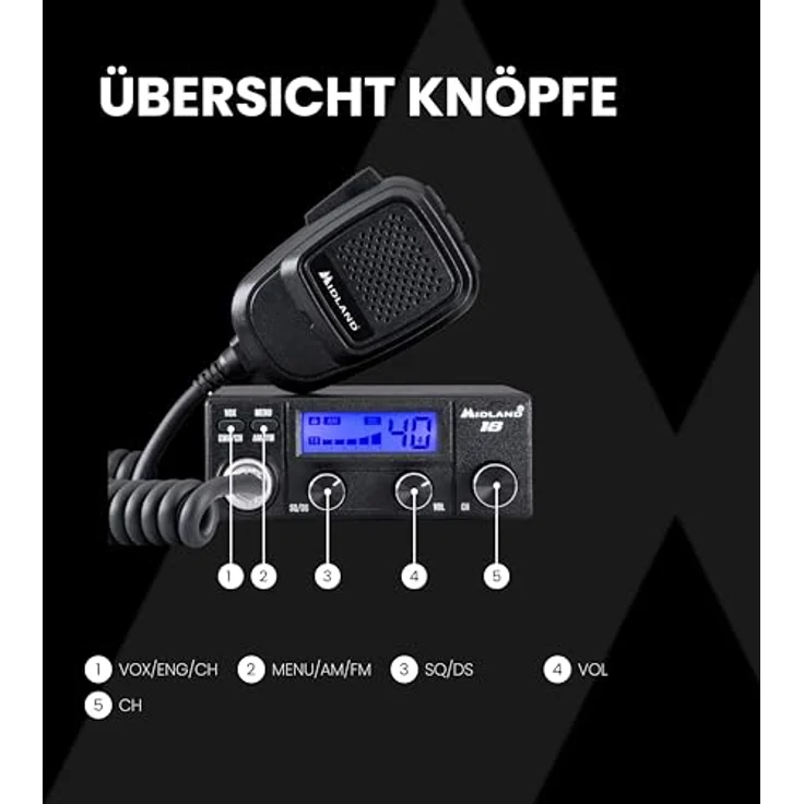 Midland CB-Fahrzeugfunkgerät MIDLAND 18, 4 W Leistung, digitales Rauschsperrensystem, mehrfarbiges Display, Zigarettenanzünderanschluss – Bild 6