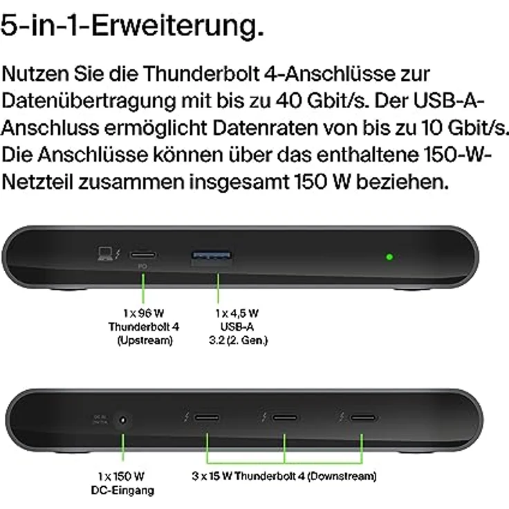 Belkin Connect Thunderbolt 4 Docking-Station, 5-in-1-USB-C-Multiport-Core-Hub mit 96 W Power Delivery für Mac- und Windows-Laptops, einen 8K- oder Zwei 4K-Monitore; mit Thunderbolt 4-Kabel/Netzteil – Bild 2