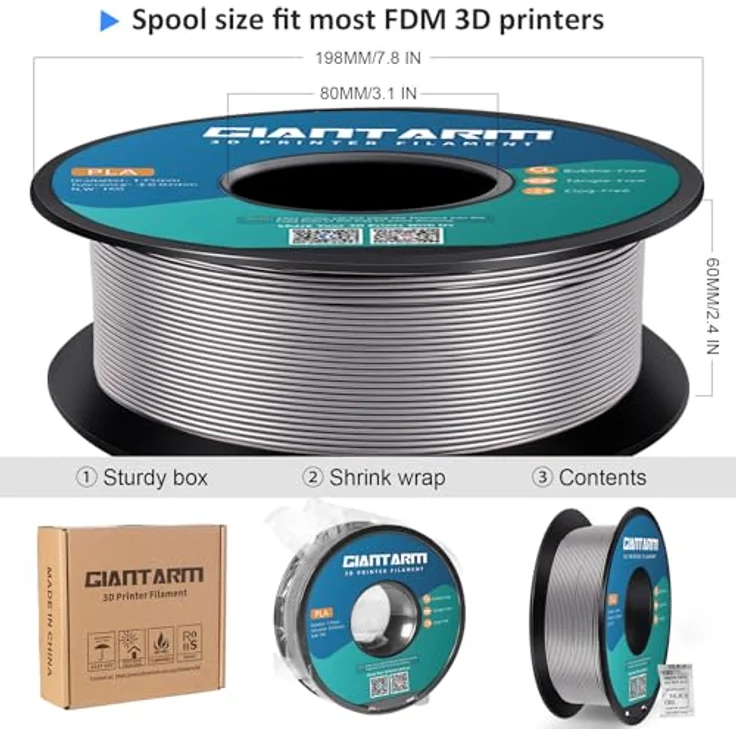 GIANTARM PLA Filament 1.75mm, 1kg Spule in Silber, hohe Präzision und Kompatibilität, vakuumverpackt – Bild 5