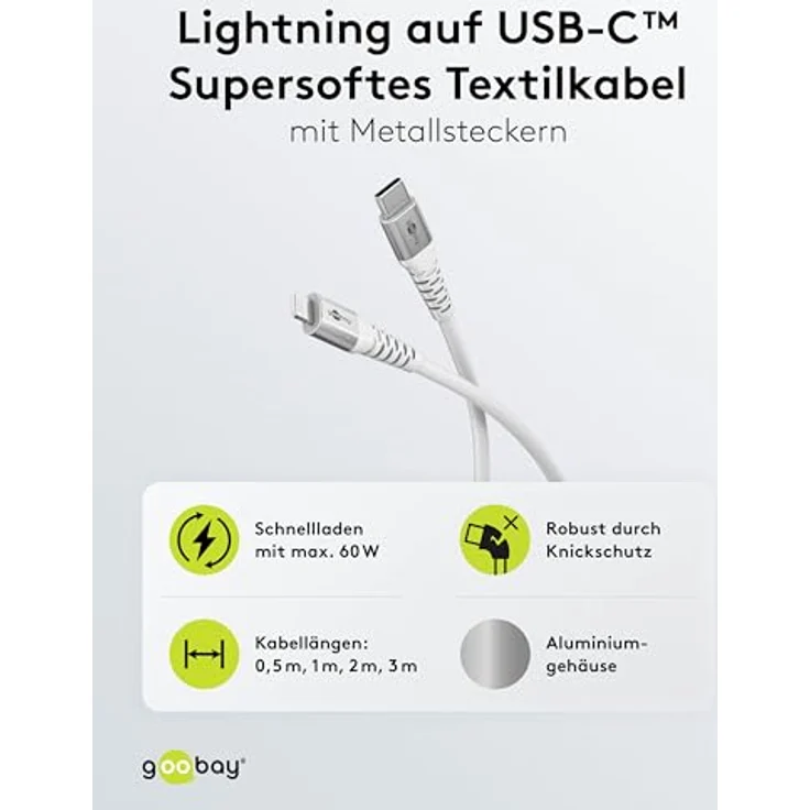 goobay USB-C auf Lightning 60W, 0,5m flexibles Textilkabel mit 480 Mbit/s, strapazierfähig, Weiß – Bild 2