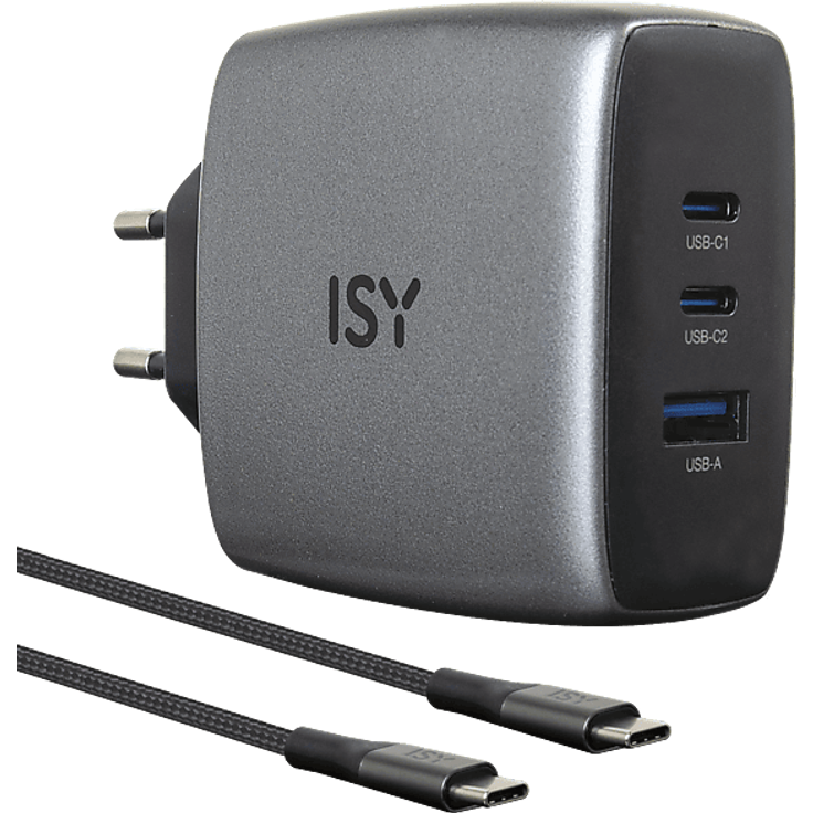 ISY IAC-5100-GY, 100W GAN Ladegerät mit 2m USB-C Kabel, Grau