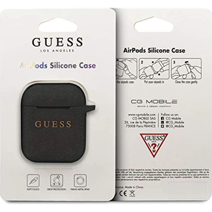 Guess GUACCSILGLBK Cover Silikon Kollektion für Apple Airpods 1 & 2, Schwarz - Hochwertiges Silikon, abnehmbarer Haken, kratzfest – Bild 2
