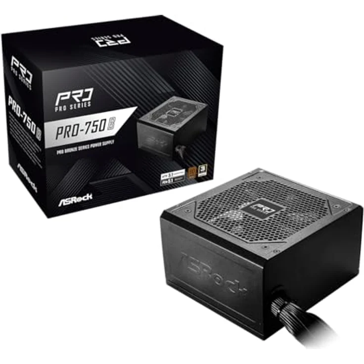 AsRock Pro Series PRO-750B, 750W ATX Netzteil mit 80 PLUS Bronze-Zertifizierung und geräuscharmem 120 mm Lüfter, Schwarz – Bild 1