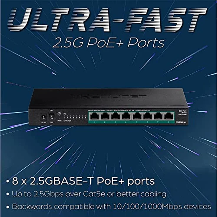 TRENDnet TPE-TG380 Unmanaged 2.5G PoE+ Switch mit 8 Ports, lüfterlos, kompaktes Desktop-Design, Metallgehäuse, 2.5GBASE-T-Ports, IEEE 802.3bz, 100 W PoE-Budget, Schwarz – Bild 2